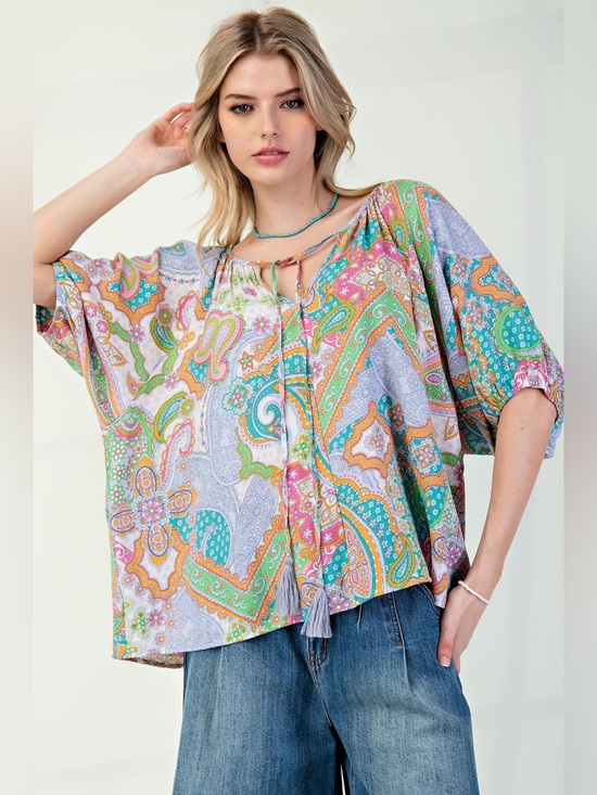 easel Tops - Easel Vintage Lime Printed Peach Blossom Woven Top